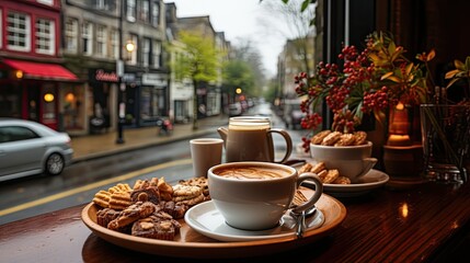 Fototapeta premium A small, cozy coffee shop on a rainy day, with steamed-up windows, soft jazz music playing, and the scent of fresh coffee filling the air.