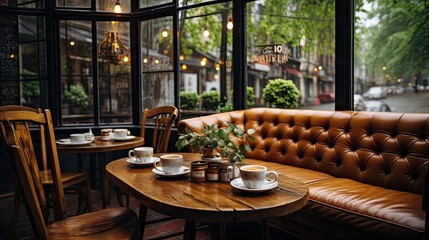A small, cozy coffee shop on a rainy day, with steamed-up windows, soft jazz music playing, and the scent of fresh coffee filling the air.