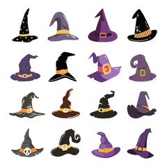 Cartoon witch hats, Halloween party costume elements. Wizard striped and spooky decorated hats vector symbols illustrations set. Halloween witchcraft party collection - obrazy, fototapety, plakaty