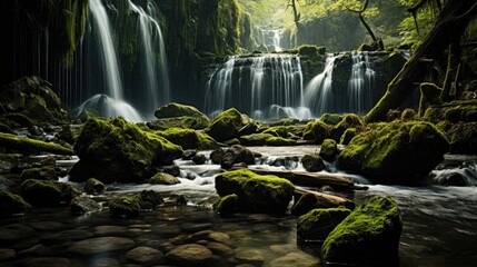 A majestic waterfall cascading down a lush, mossy cliffside, splashing into a tranquil pool below.