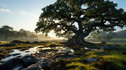 A sprawling meadow at dawn, with dew-kissed grass shimmering in the early light, and a solitary oak tree standing tall in the center.