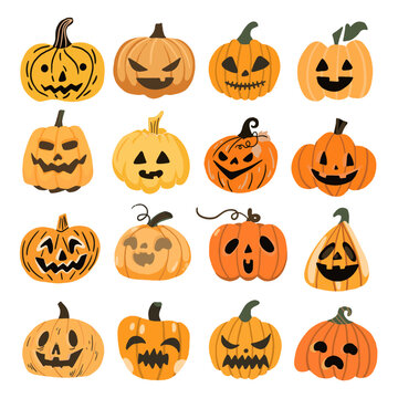 Set Halloween cute faces pumpkins for stickers and kids and wrapping paper and fabrics and accessories and notebooks