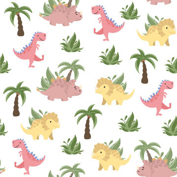 Vector childish seamless pattern with colorful dinosaurs, palm trees, footprints, stone on a white background. Ideal for baby clothes, textiles, wallpaper, wrapping paper.