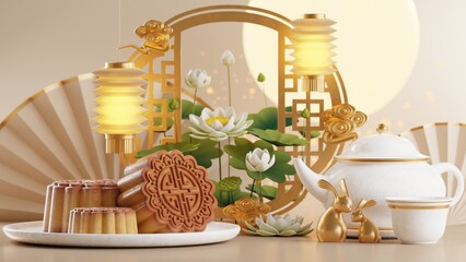 3D rendering for mid autumn festival holiday or chinese new year, chinese festivals with,lanterns, flower, moon, rabbit ,mooncake,tea pot and asian elements on background.