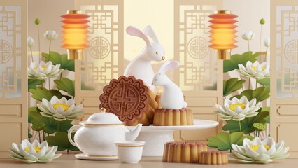 3D rendering for mid autumn festival holiday or chinese new year, chinese festivals with,lanterns, flower, moon, rabbit ,mooncake,tea pot and asian elements on background.