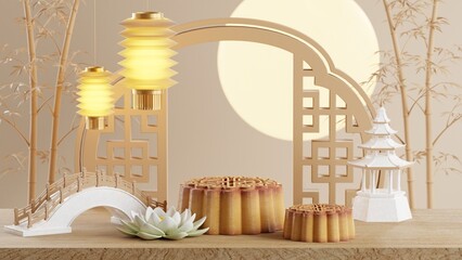 3D rendering for mid autumn festival holiday or chinese new year, chinese festivals with,lanterns, flower, moon, rabbit ,mooncake,tea pot and asian elements on background.