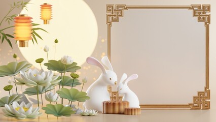 3D rendering for mid autumn festival holiday or chinese new year, chinese festivals with,lanterns, flower, moon, rabbit ,mooncake,tea pot and asian elements on background.