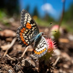 Fototapeta premium An intimate look at a patch of wildflowers in a meadow, a butterfly flitting from flower to flower, and a ladybug climbing a stem.