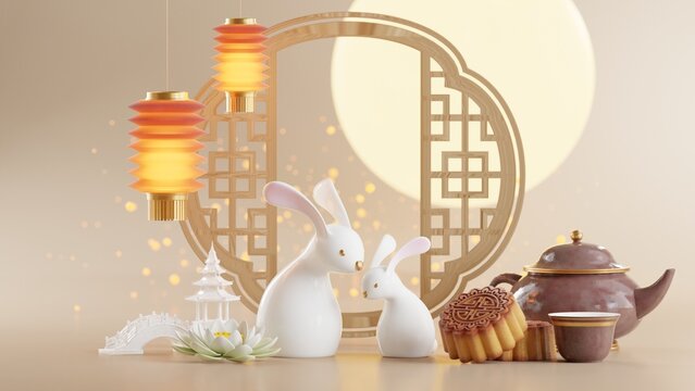 3D rendering for mid autumn festival holiday or chinese new year, chinese festivals with,lanterns, flower, moon, rabbit ,mooncake,tea pot and asian elements on background.