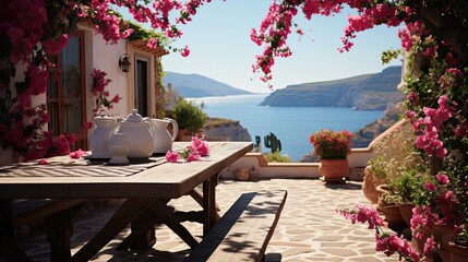 Fototapeta premium A sun-drenched Mediterranean terrace with a view of the sea, bougainvillea vines creeping up the walls, and a table set for lunch.