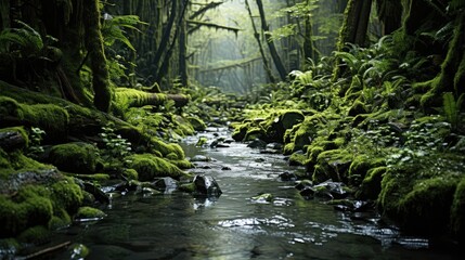 A dense, mossy rainforest with a small creek, towering ferns, and the distant sound of exotic bird calls.