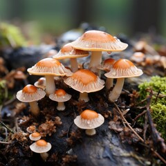 A macro look at a cluster of mushrooms on a log, their caps providing shelter for a myriad of tiny insects.