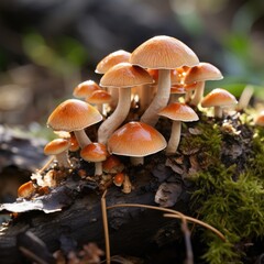 A macro look at a cluster of mushrooms on a log, their caps providing shelter for a myriad of tiny insects.