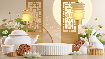 3D rendering podium for mid autumn festival holiday or chinese new year, chinese festivals with,lanterns, flower, moon, rabbit ,mooncake,tea pot and asian elements on background.