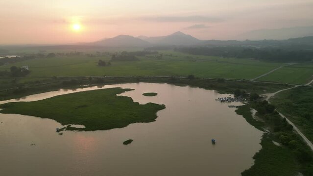 Aerial view evening sunset at Pengkalan Sepit Biru Permatang Berangan, Pinang Tunggal, Kedah