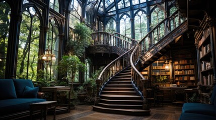 An ancient library, filled with towering bookshelves, a spiral staircase, and a hidden reading nook under a stained glass window.