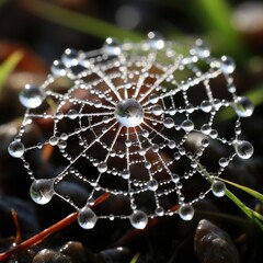 A detailed examination of a dew-laden spider's web, the water droplets reflecting the morning sun.