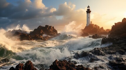 Fototapeta premium A wild, rocky coastline battered by waves, with a lonely lighthouse standing guard amidst the swirling sea spray.