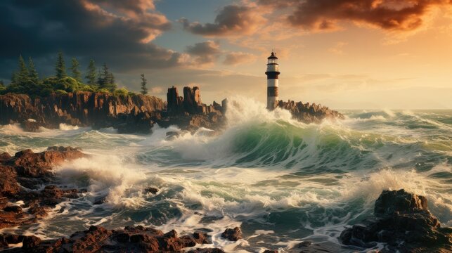 A wild, rocky coastline battered by waves, with a lonely lighthouse standing guard amidst the swirling sea spray.