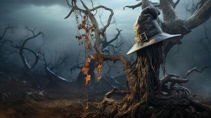 Perched on an ancient tree branch. A weathered witch's hat whispers of magical secrets. Halloween concept. Generative AI