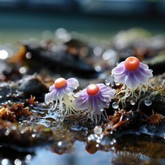 A macro view of a vibrant rock pool, with anemones unfurling their colorful tendrils, starfish clinging to the rocks, and crabs scuttling in the crevices. - obrazy, fototapety, plakaty