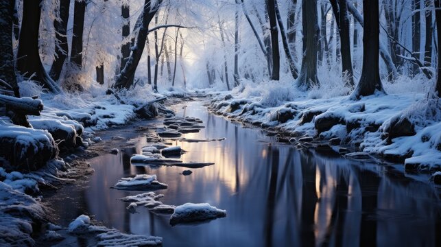 A serene winter scene of a frozen pond in the woods, snow-laden branches sparkling in the twilight, and animal tracks leading to the water's edge.