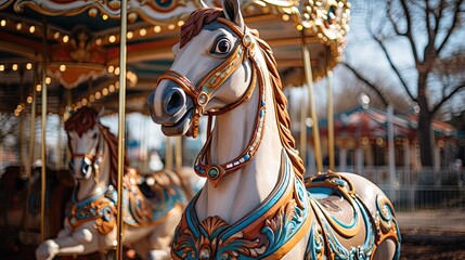 Fototapeta na wymiar A lively carousel in a city park, brightly painted horses going up and down, and children's laughter filling the air.