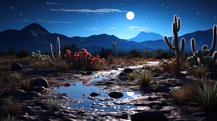 A tranquil, moonlit desert scene with a single, twisted cactus silhouetted against the star-studded sky.