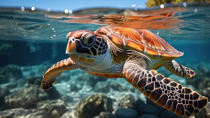 A vibrant coral reef under crystal-clear water, teeming with multicolored fish and a sea turtle gliding effortlessly.