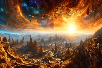 mountainous inverted city of colorful misty and boling twisted rain, complex fractal swirling clouds of golden sun and planets, stars and nebulae above and below, sharp. generated by AI tools.