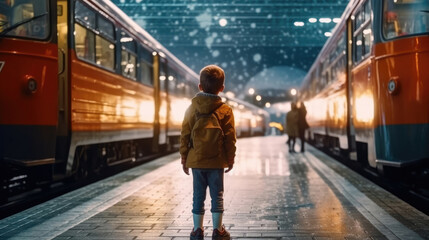 A kid is waiting for the train at the station
