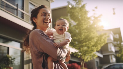 Fototapeta premium A happy woman lifting her baby, in front of home