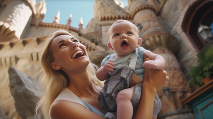 A happy woman holding her baby, at a tourist spot