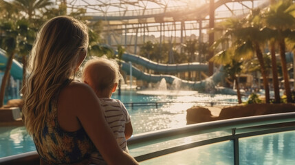 A happy woman holding her baby, in a waterpark