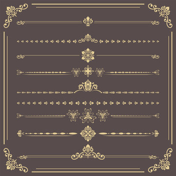 Vintage set of vector decorative elements. Horizontal brown and golden separators in the frame. Collection of different ornaments. Classic patterns. Set of vintage patterns