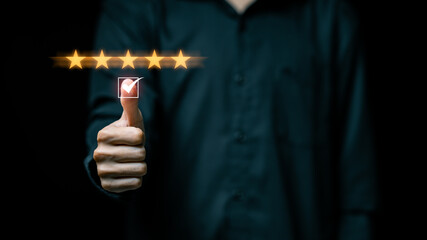 Customer satisfaction concept, thumbs up icon right with awesome And give a five-star rating, showing satisfaction with the excellent service. Feedback from client. - obrazy, fototapety, plakaty