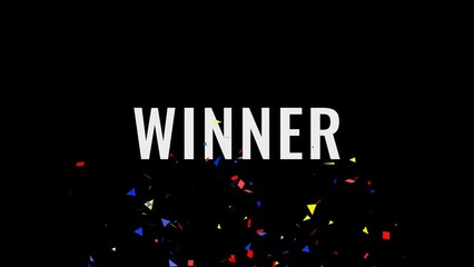 
Winner celebration text animation with colorful confetti explosion motion graphic elements on black screen background