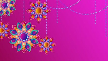 Happy Diwali. Celebrating the festival of lights. Background with the paper graphic of Indian Rangoli and flowers.