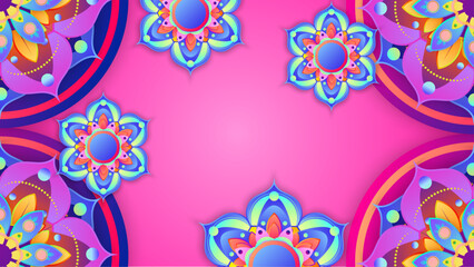 Diwali festival of lights holiday design with paper cut style of Indian Rangoli and hanging diya - oil lamp. Place for text. Vector illustration.