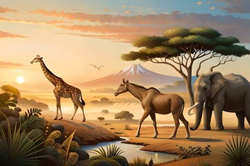 Fototapeta na wymiar giraffe in the savannah and generated AI