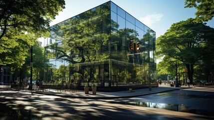 Naklejka premium Urban Oasis: Glass Building with Greenery in the Yard