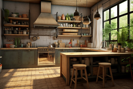 modern and cool kitchen interior 3d rendering background