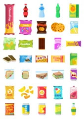 Foto op Aluminium Snack product set, fast food snacks, drinks, nuts, chips, cracker, juice, sandwich isolated on white background. Unhealthy junk food. Flat illustration in vector © Cavid