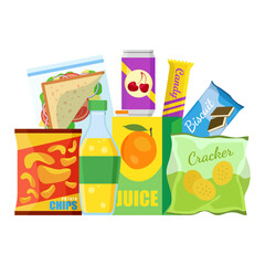 Snack product set, fast food snacks, drinks, nuts, chips, cracker, juice, sandwich isolated on white background. Unhealthy junk food. Flat illustration in vector