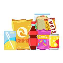 Snack product set, fast food snacks, drinks, nuts, chips, cracker, juice, sandwich isolated on white background. Unhealthy junk food. Flat illustration in vector