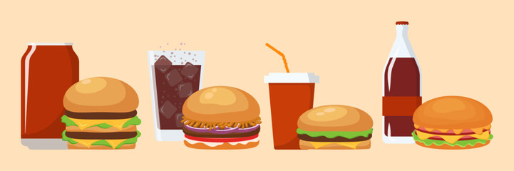 Hamburger and Soda, cold drink or coffee. Vector illustration set