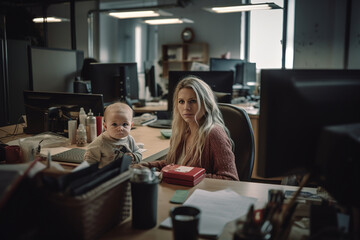 Woman works in open-plan office and has her baby with her. Family-friendly concept of childcare in modern companies. Generative AI