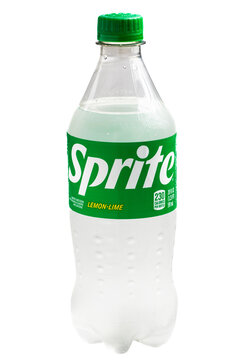 Single plastic bottle of Sprite Lemon-Lime Soda isolated on white background