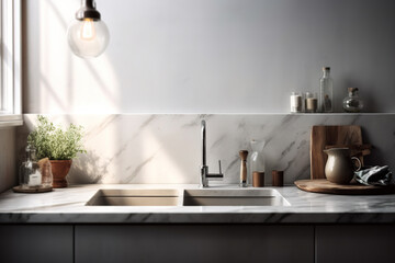 Fototapeta na wymiar A realistic view of a kitchen counter in the blank state and a marble wall with a sink and faucet. Overlay display of home goods, mock up background, gray, modern, sunlight. Generative AI