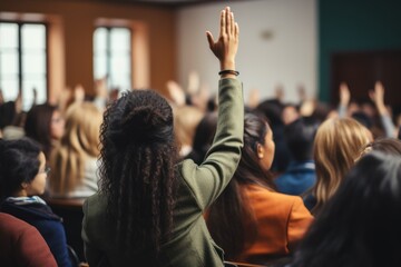 Rear view of black female student raising her hand to ask questions during classroom lecture - obrazy, fototapety, plakaty